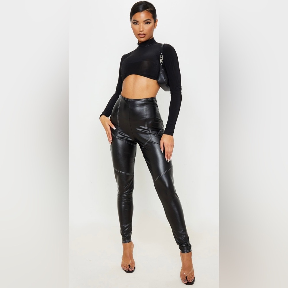 Pretty Little Thing Black Faux Leather Contrast Stitch Legging